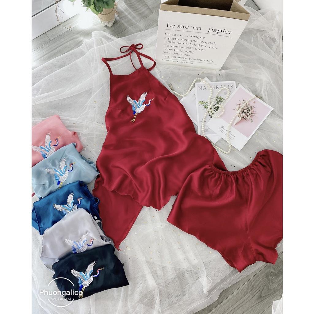 Sét yếm nữ gợi cảm hạc thêu chất satin, đồ ngủ sexy mùa hè- Phuongaliceshop