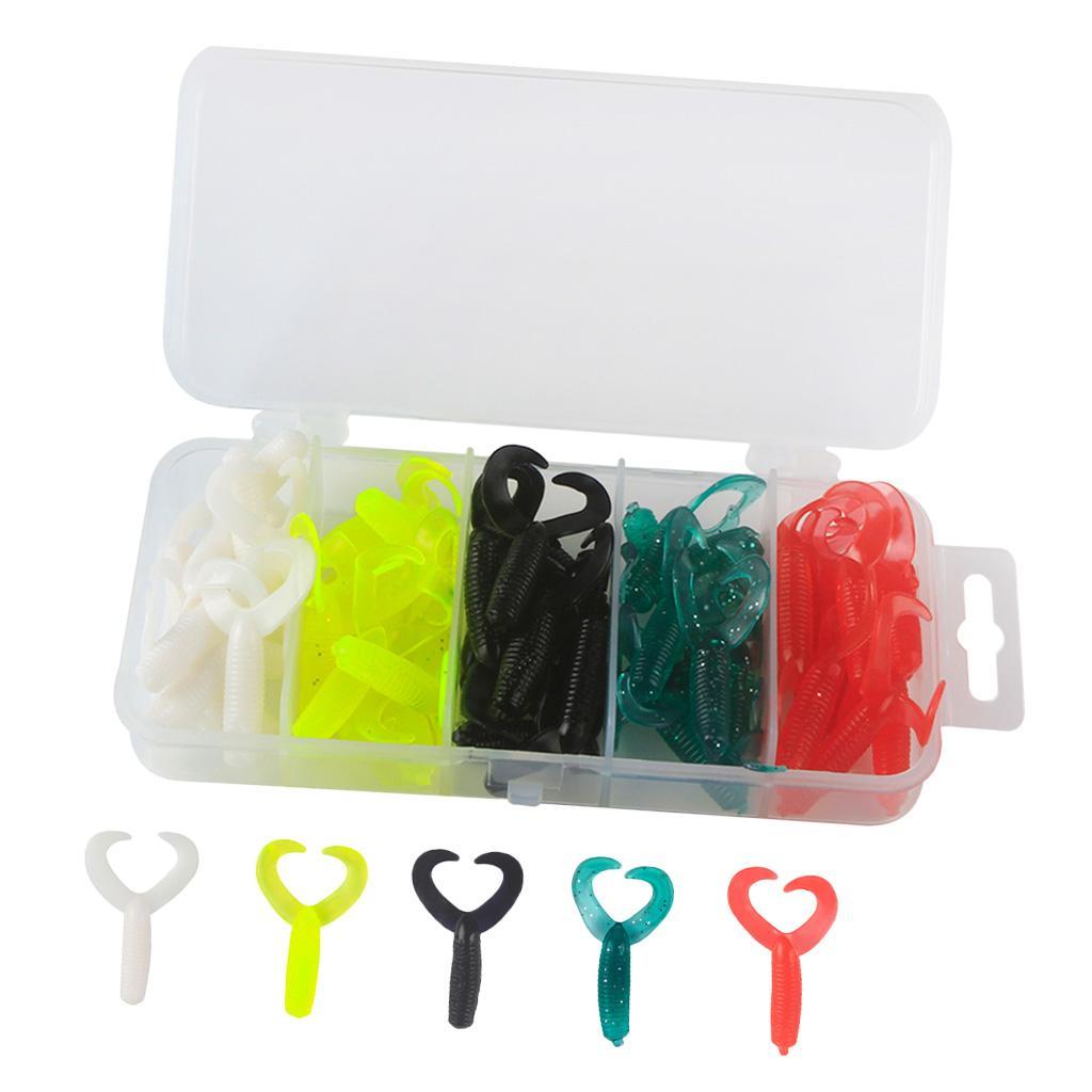 50pcs/set Portable Twin Tail Soft Fishing Lures Grub Maggots Worm Bait Swimbaits 5 Color