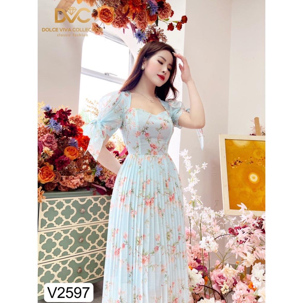 VÁY HOA XANH TAY BUỘC NƠ V2597 Đẹp Shop DVC