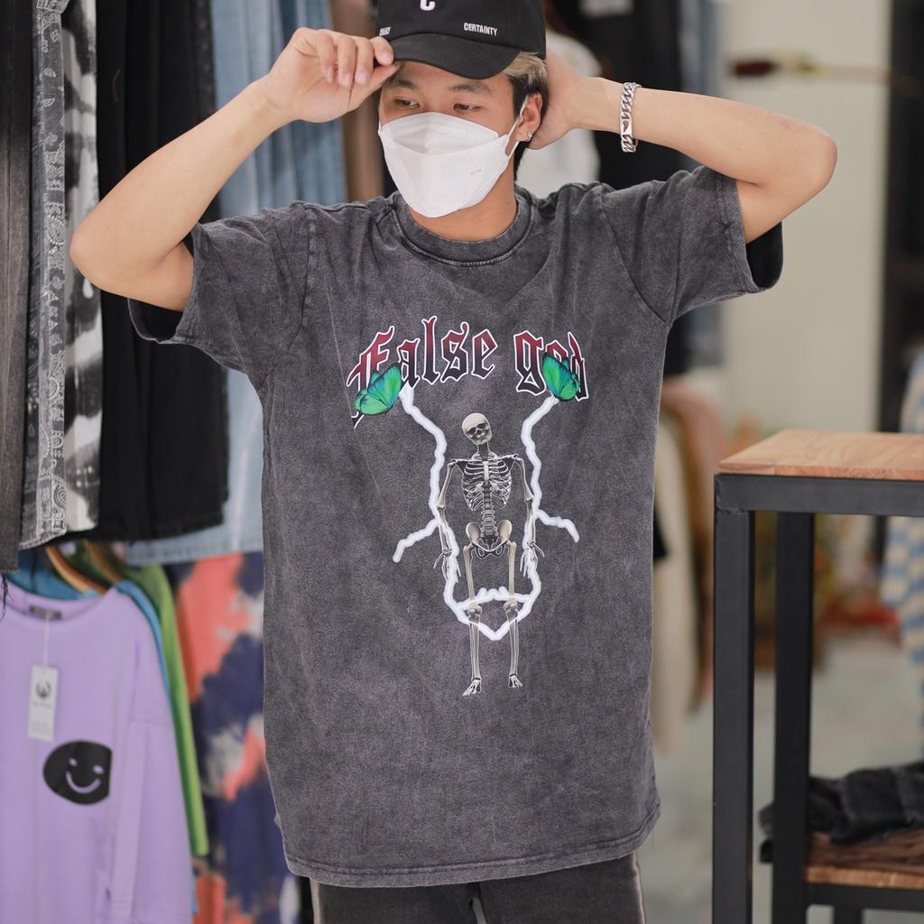 Áo thun loang đen FALSE GOD nam nữ tay lỡ chất liệu cotton 100% phối dáng unisex