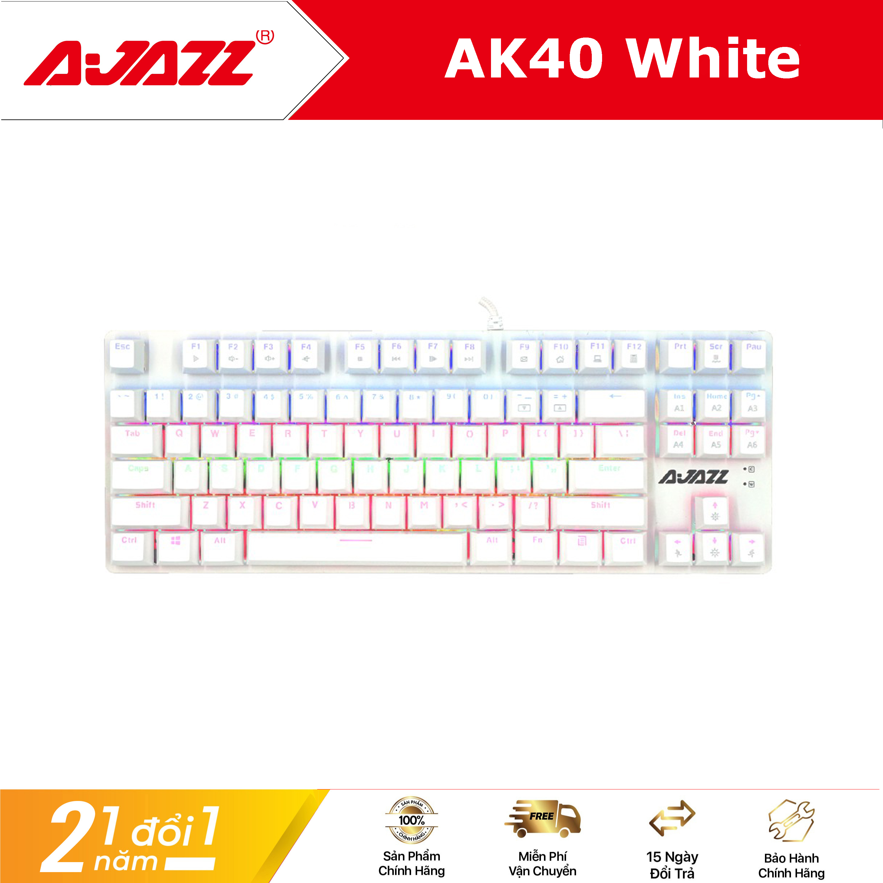 Bàn phím cơ Ajazz AK40 trắng - hàng chính hãng