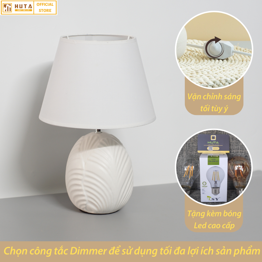 Đèn Ngủ Để Bàn Gốm Sứ Cao Cấp HUTA S16 Hình Bắp Cải Độc Đáo, Decor Phòng Ngủ Khách Sạn, Tăng Giảm Độ Sáng, Ánh Sáng Vàng