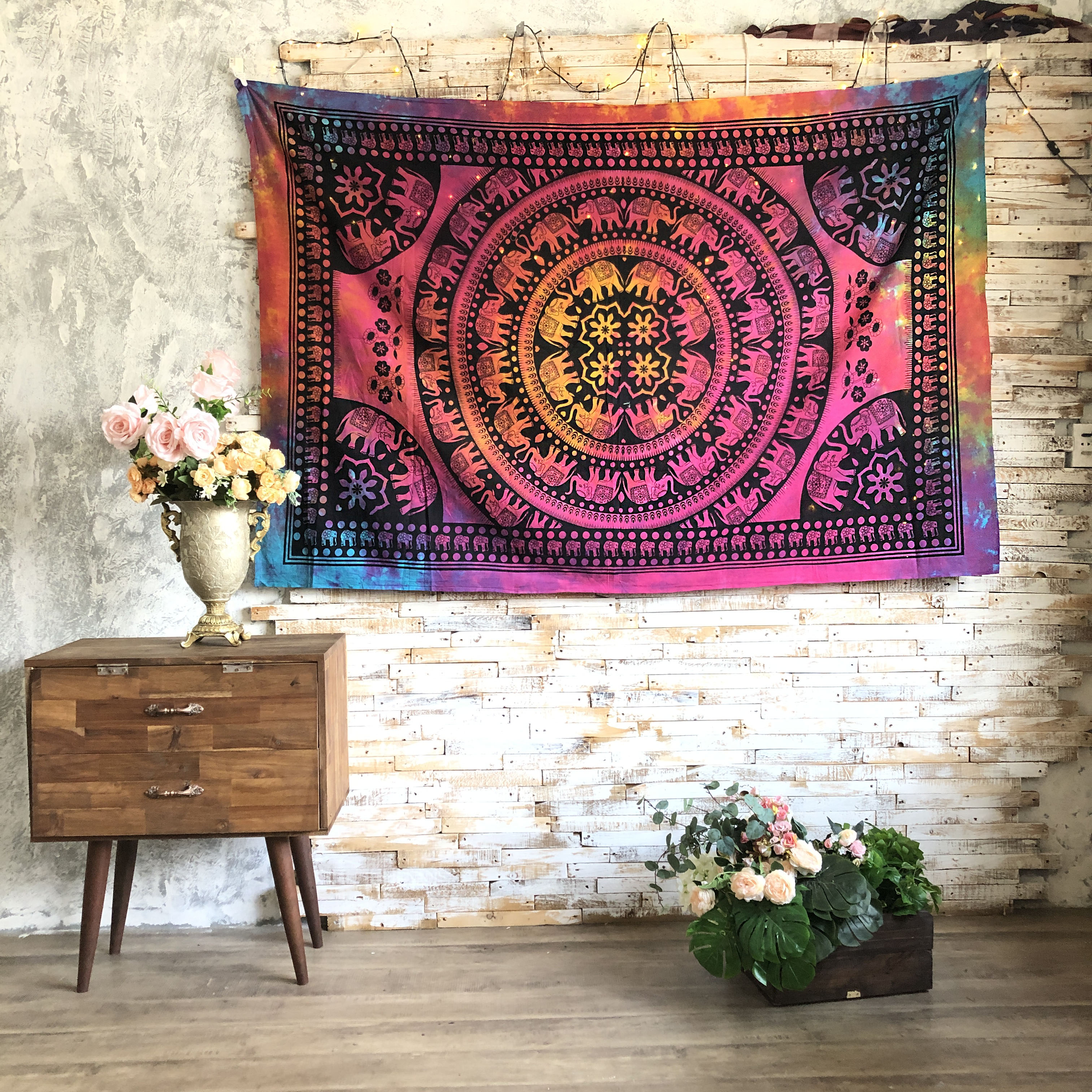 Vải treo tường trang trí hình voi vòng tròn tiedye Indian Tapestry Wallhanging 140cm x 220cm