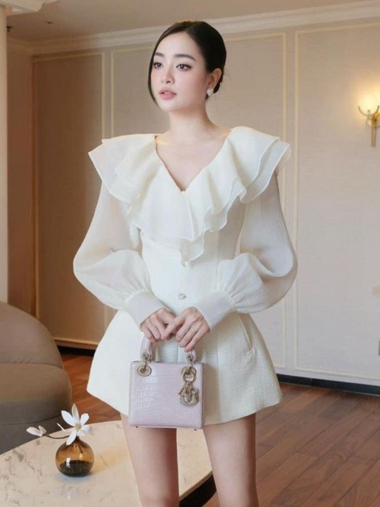Jum nữ thiết kế dự tiệc cổ V phối tơ sang chảnh Set liền thân đùi dài tay HN Clothing J9 BY JO