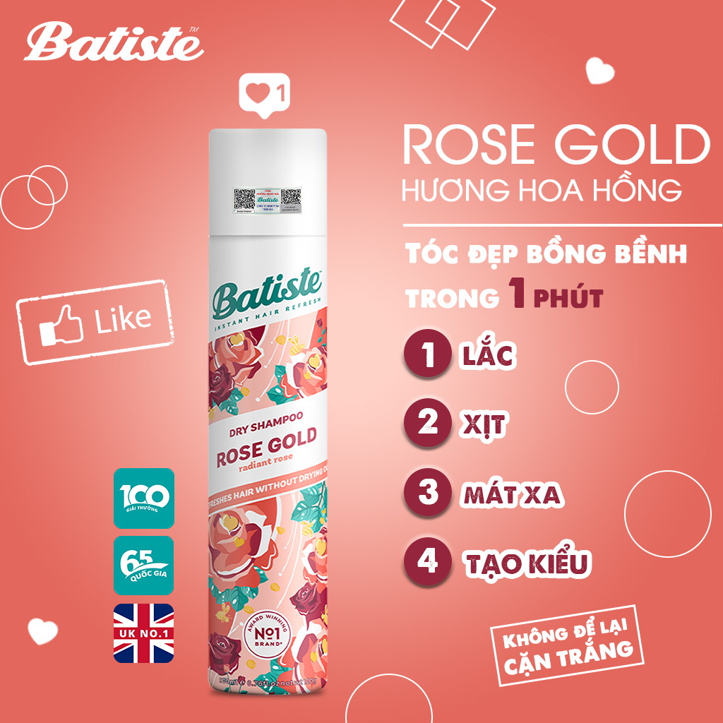 Dầu Gội Khô Batiste Hương Hoa Hồng - Batiste Dry Shampoo Rose Gold Radiant Rose 200ml