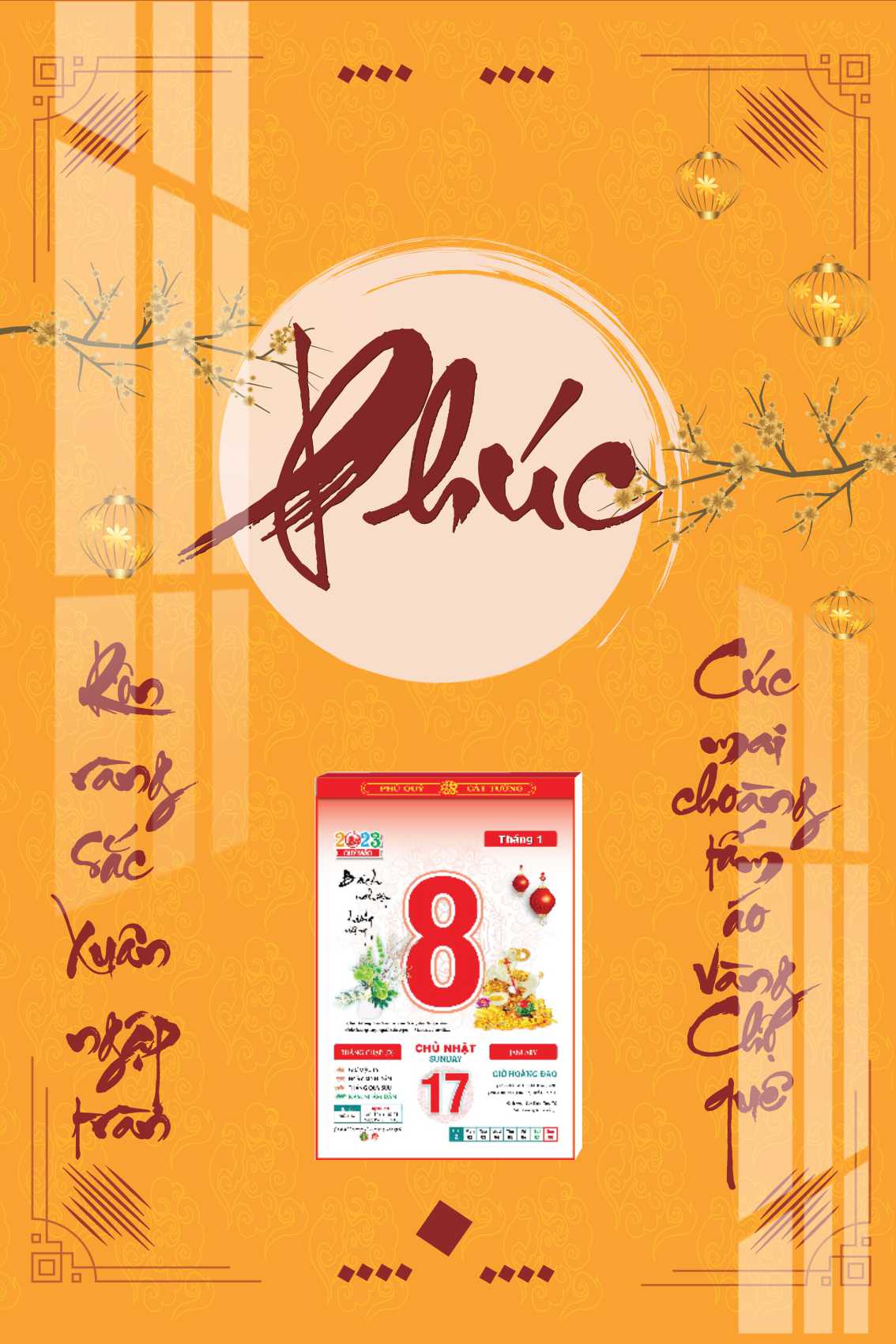 Lịch Tết 2024 - Lịch Gỗ Laminate 3D Tráng Gương - Chủ đề tranh Thư Pháp: Phúc - Lộc - Thọ