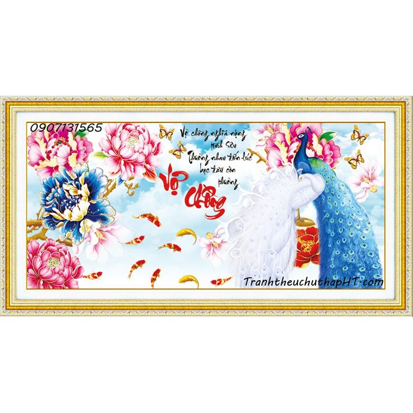 Tranh đính đá - Tranh thêu chữ thập vợ chồng chim công hoa mẫu đơn - size: 103*50cm