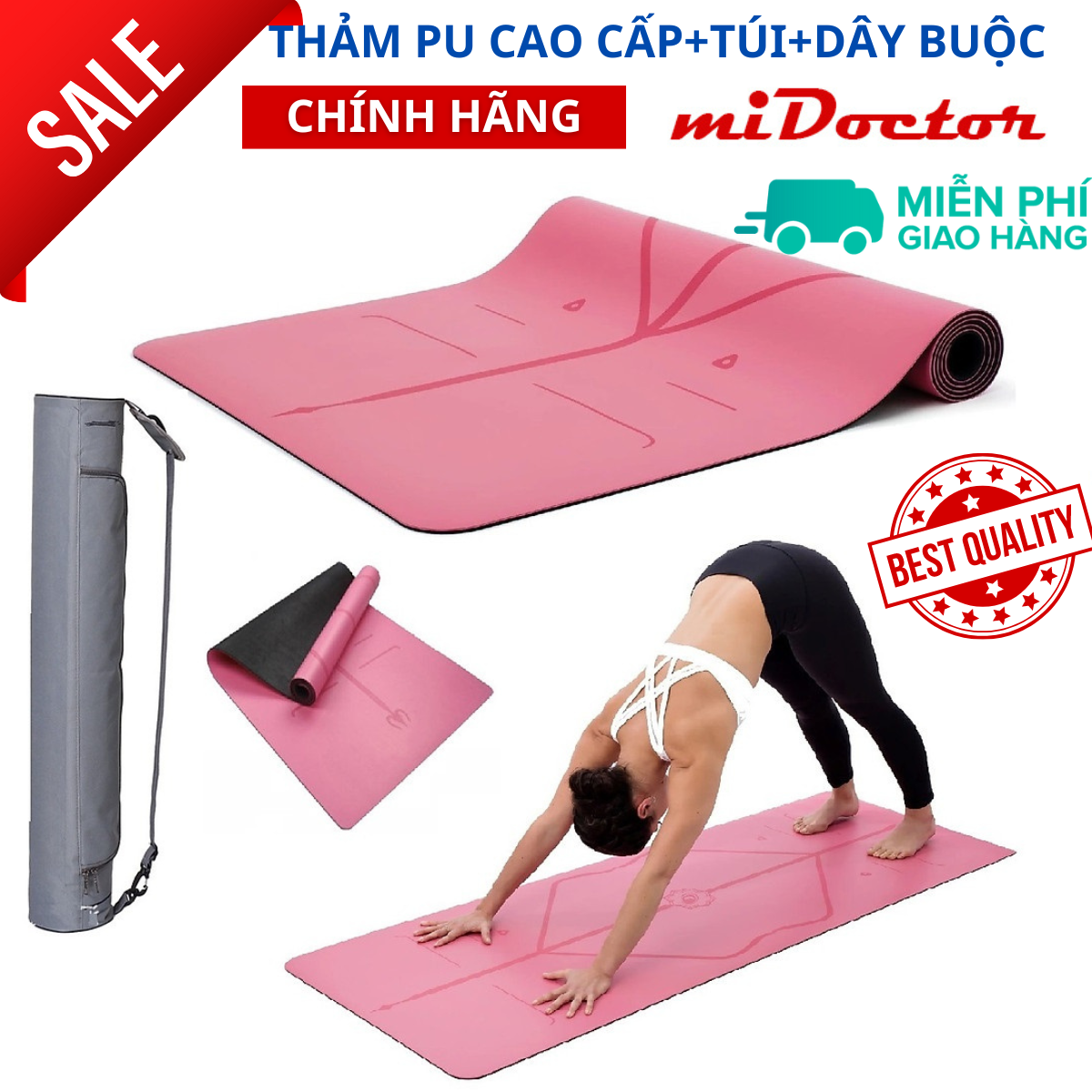 Thảm Tập Yoga Định Tuyến Da Pu Cao Cấp Chính Hãng Midoctor Túi Đựng Thảm Tập Yoga Dây Buộc Thảm Yoga Định Tuyến - Hồng