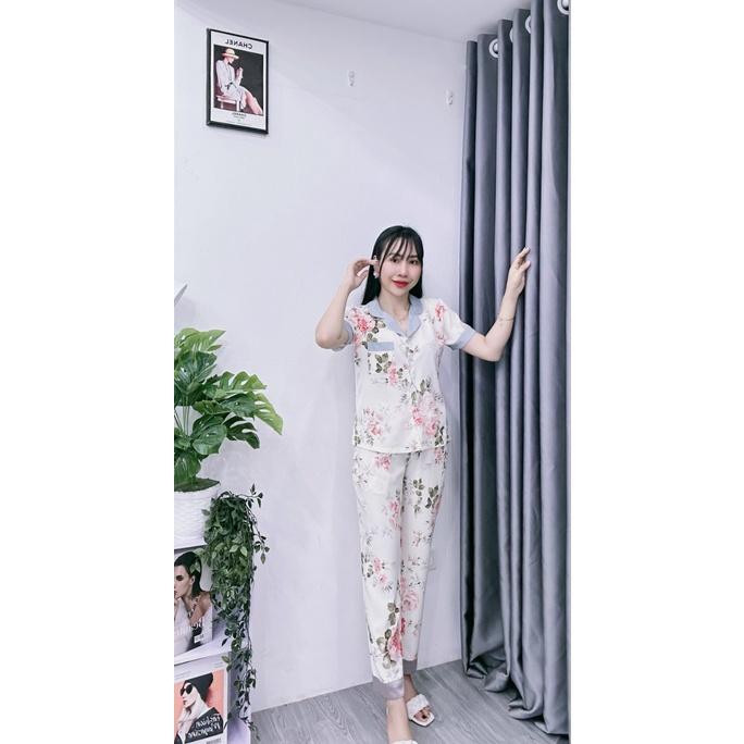 Bộ Pijama Nữ Tay Ngắn, Quần Dài Chất Lụa Nhật Cao Cấp Mềm Mịn, Họa Tiết Thiết Kế Phối Màu sang trọng
