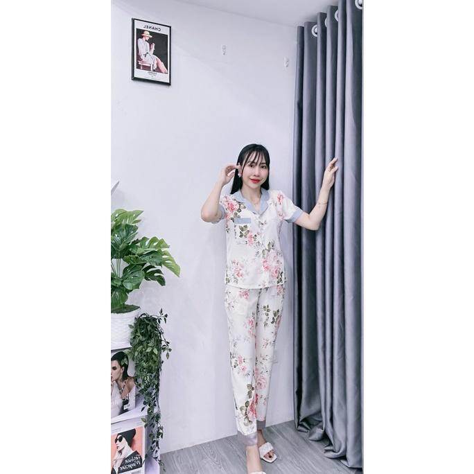 Bộ Pijama Nữ Tay Ngắn, Quần Dài Chất Lụa Nhật Cao Cấp Mềm Mịn, Họa Tiết Thiết Kế Phối Màu sang trọng