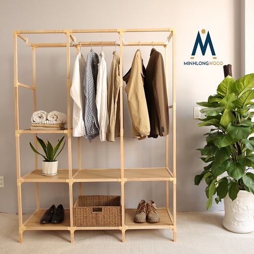 Tủ Treo Quần Áo - Giá Treo Quần Áo - Minhlongwood 3 Buồng 7 Ngăn - M38 Trang Trí Nội Thất-Màu Gỗ Tự Nhiên