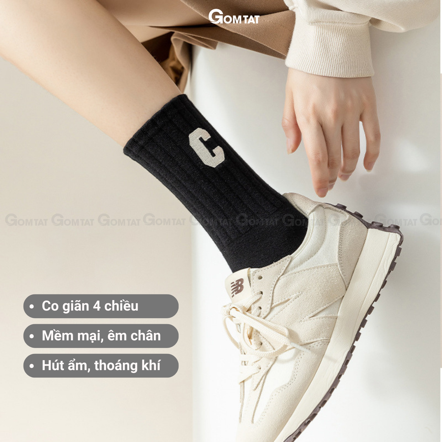 Tất vớ nữ cổ cao cao cấp GOMTAT mẫu chữ C, chất liệu cotton mềm mại, thấm hút, thoáng khí - PO-COCAO-C-3012-1DOI