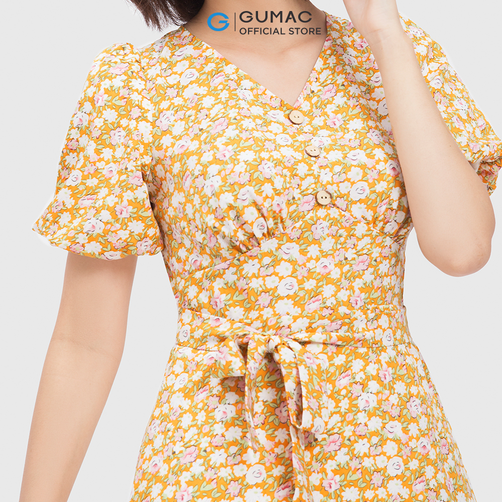 Đầm nữ GUMAC DC04038 form A xòe cổ chữ V nhún ngực dễ thương