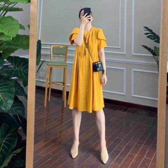 Đầm bầu dáng xuông sơ mi hàng cúc thật M132 vải cát hàn thời trang thiết kế Mom and Baby