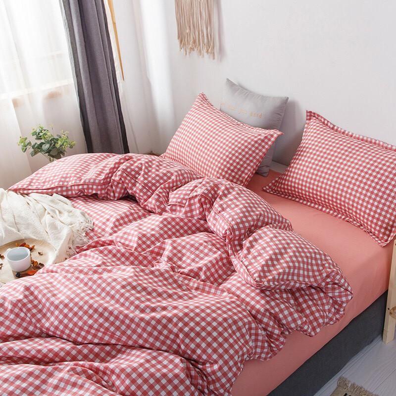 Bộ chăn ga Cotton Poly họa tiết caro hồng - phong cách Hàn Quốc