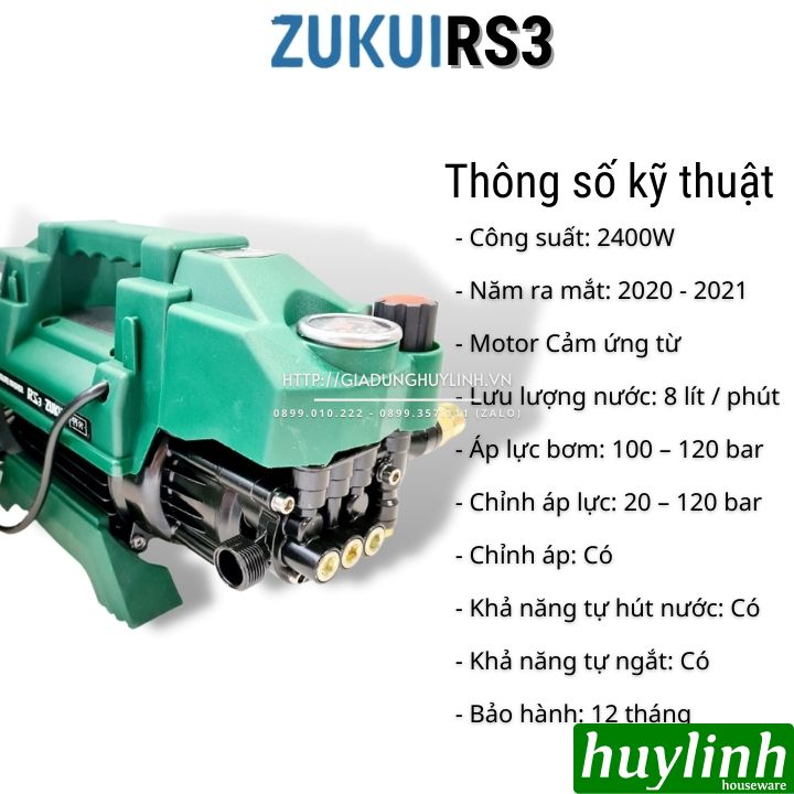 Máy xịt rửa xe chỉnh áp Zukui RS3 - Công Suất 2400W - Tặng béc rửa máy lạnh, điều hoà + thân nối - Hàng chính hãng