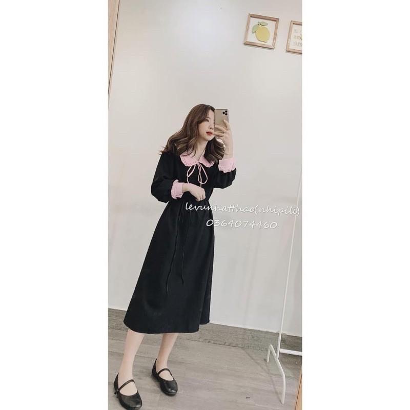 VÁY UMI ĐEN CỔ BÈO HỒNG NƠ NGỰC