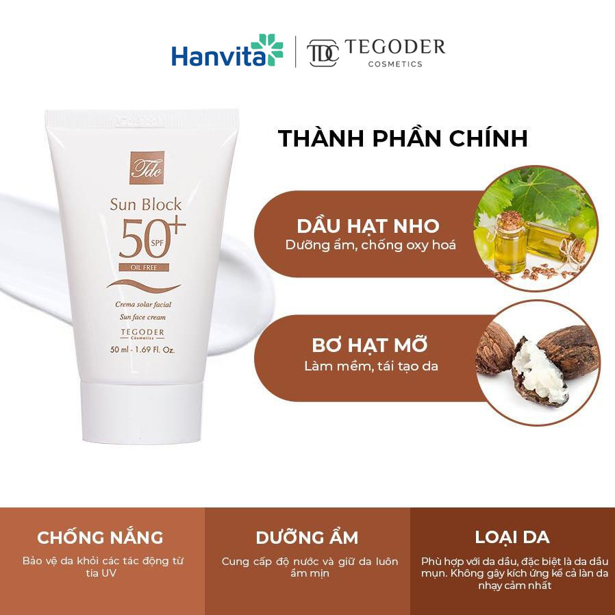 Kem chống nắng kiềm dầu và làm đều màu da SPF 50 + Tegoder TDC Sun block SPF 50 + oil free 50 ml mã 9836