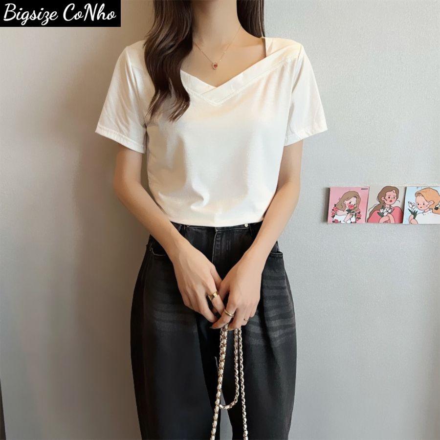 Áo thun kiểu tay ngắn bigsize nữ cổ nữ hoàng dáng dài, Áo phông Chuppy 58-95kg BIGSIZE CÔ NHỎ A44 - Màu trắng