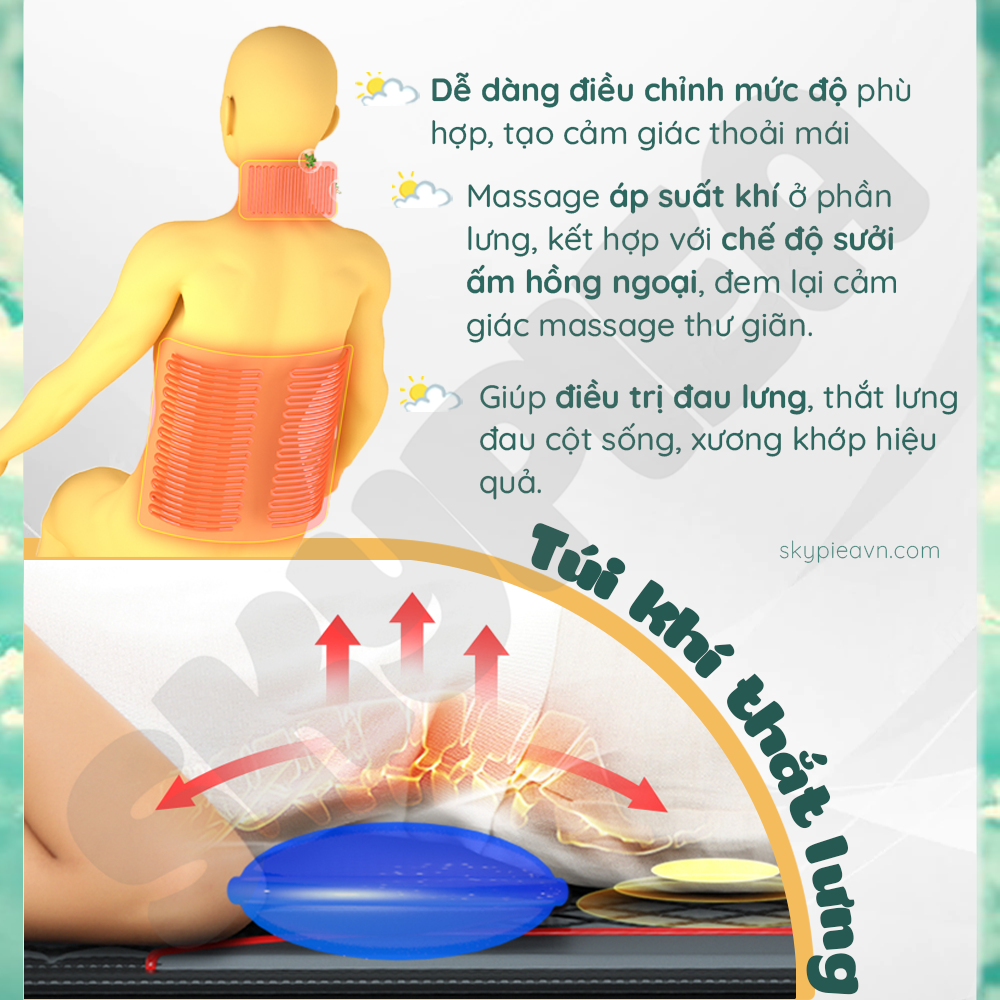 Đệm massage toàn thân hồng ngoại da PU - thương hiệu SKYPIEA - model SK-2214 - mát xa cổ, vai, gáy - gối massage