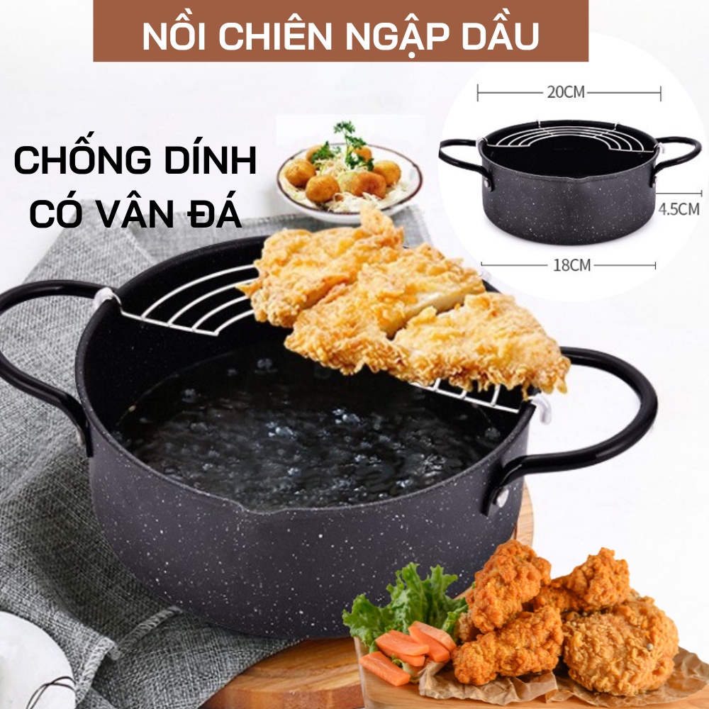 Nồi chiên lọc dầu vân đá cao cấp chống dính tốt kèm vỉ gác ráo mỡ, đường kính 20cm, sử dụng được với mọi loại bếp từ, bếp ga, hồng ngoại