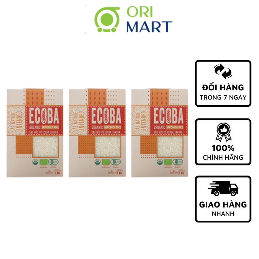 Combo 3 Gạo Nhật Hữu Cơ ECOBA SAKURA Ecoba Organic Japonica Rice An Toàn Sức Khoẻ, Giàu Dinh Dưỡng Túi 1Kg ORIMART