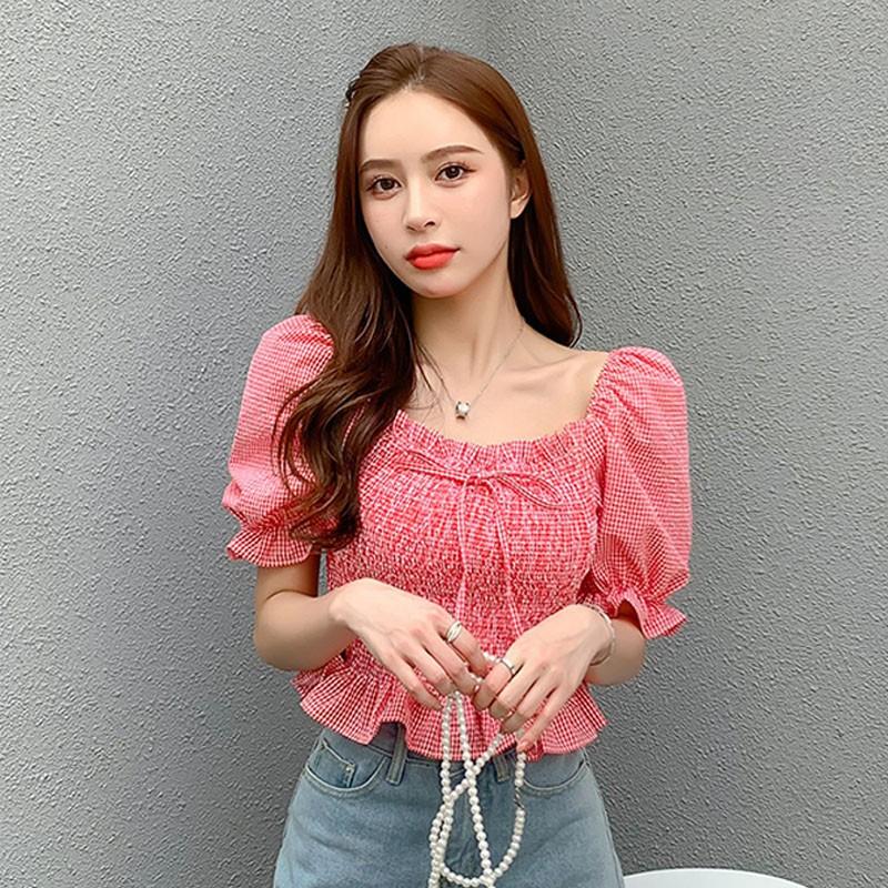 Áo Kiểu Tay Phồng Cổ Vuông Phối Nơ Họa Tiết Sọc Caro Phong Cách Retro