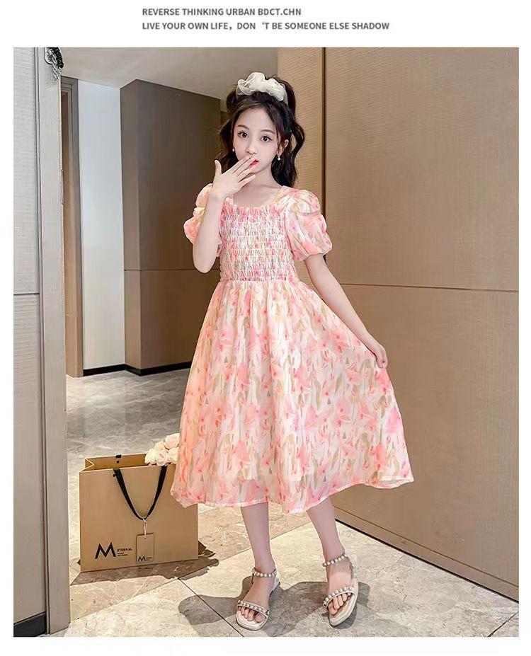 SHUANGYAN Cô gái váy mùa hè phong cách phương Tây 2023 Big Boy mùa hè váy chiffon mùa hè cô gái mảnh hoa mối tình đầu váy