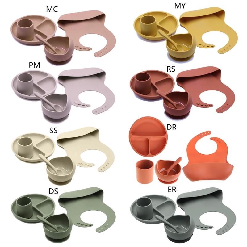 5 Cái/bộ Không Chứa BPA Silicone Cho Bé Bộ Đồ Ăn Yếm Chống Thấm Màu Đĩa Dùng Tiệc Hút Bộ Bát Và Thìa Cho Bé - 7, 7