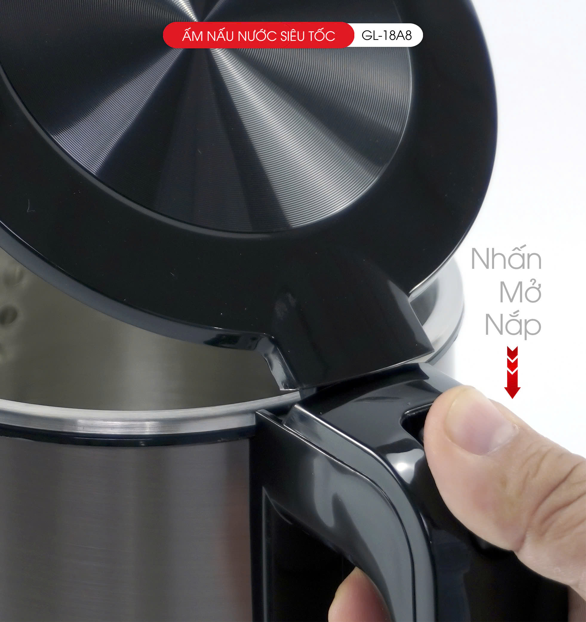 Ấm Siêu Tốc Gali GL-18A8 Thân Ấm Nguyên Khối Inox 304. Thiết kế 2 lớp Chống Nóng. hàng chính hãng, bảo hành 24 tháng