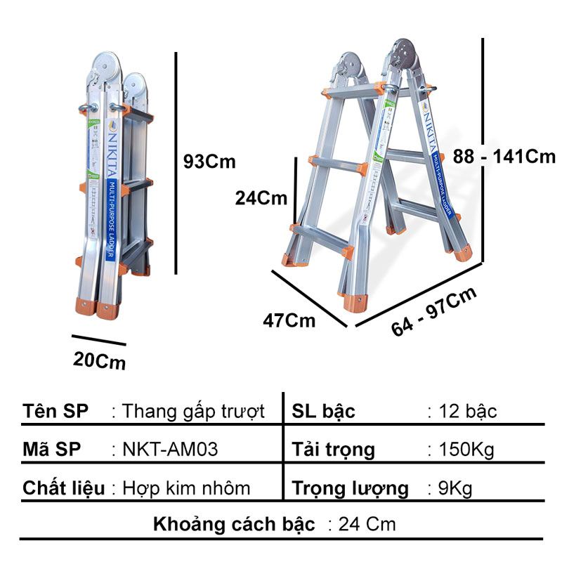 Thang nhôm trượt, gấp đa năng, Nhiều tư thế sử dụng, Hợp kim nhôm bền bỉ - Hàng chính hãng NIKITA AM