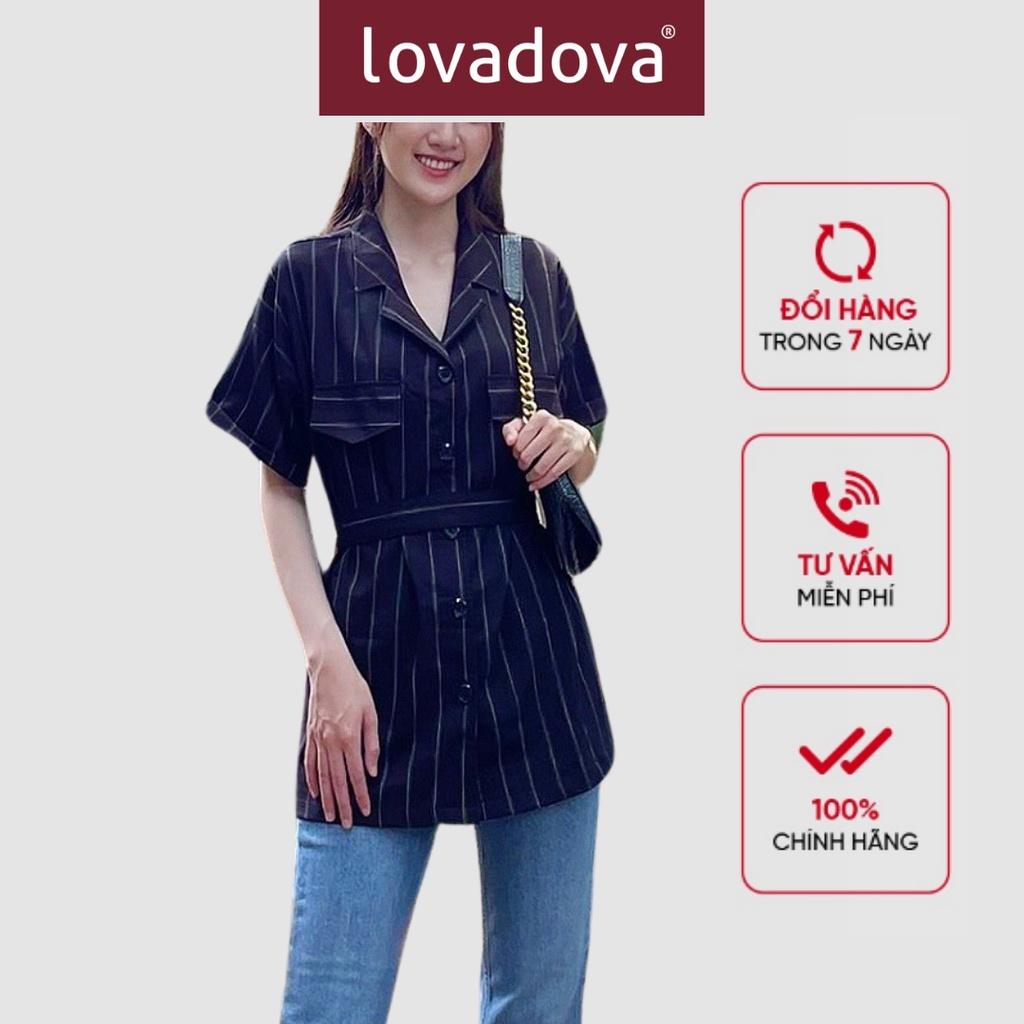 Áo Sơ Mi Kiểu Nữ, Ngắn Tay, Cách Điệu Cổ Áo Vest, Dây Buộc Eo, Màu Đen Sọc - Lovadova 21O11C001