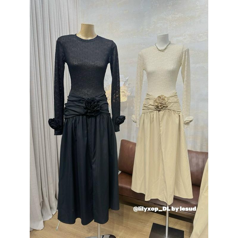Váy maxi dài tay ren pha chân thô eo xếp hoa cuốn LLX BY JOLIE - Be