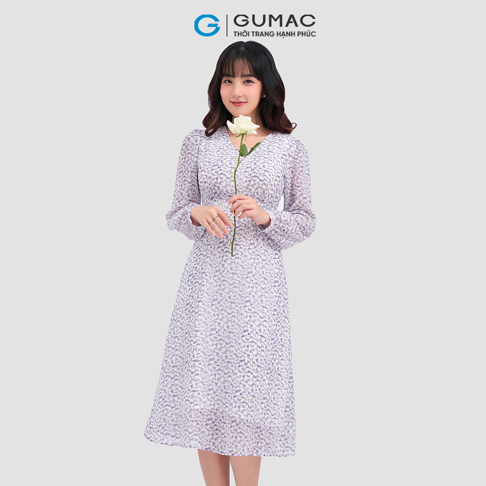 Đầm cổ V GUMAC DC12001 tay lỡ họa tiết hoa nữ tính