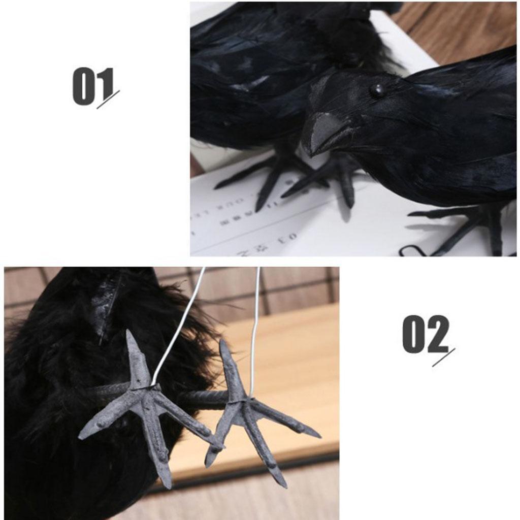 Vivid Crow Bird Statue Halloween Realistic Black Feathered Crows Decor