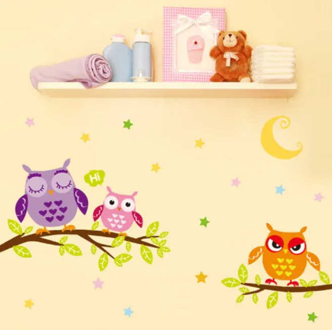 Decal trang trí tường - Gia đình 3 chú cú mèo