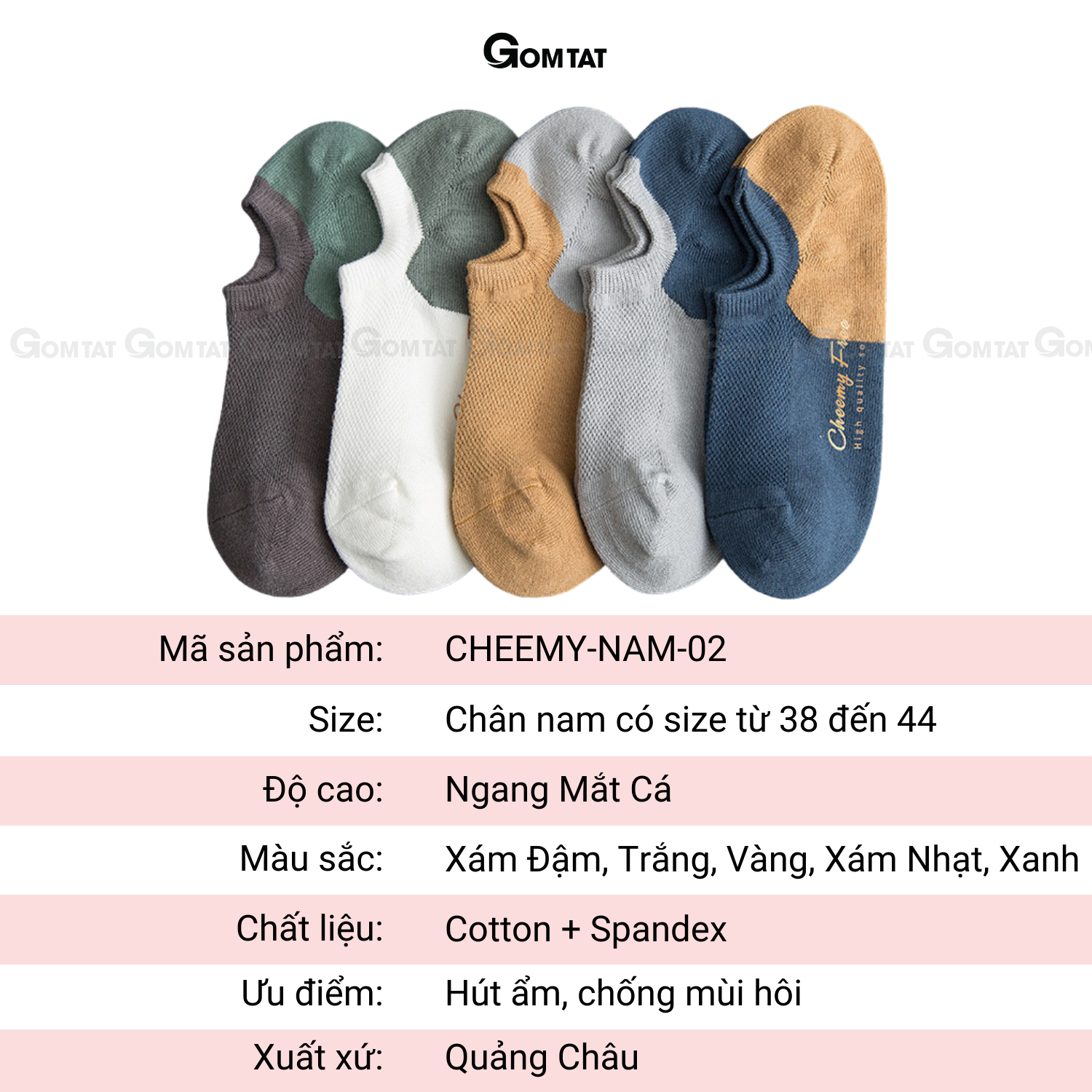 Set 5 đôi tất vớ nam cổ ngắn GOMTAT cao cấp, chất liệu cotton khử mùi kháng khuẩn cực tốt - CHEEMY-NAM-02