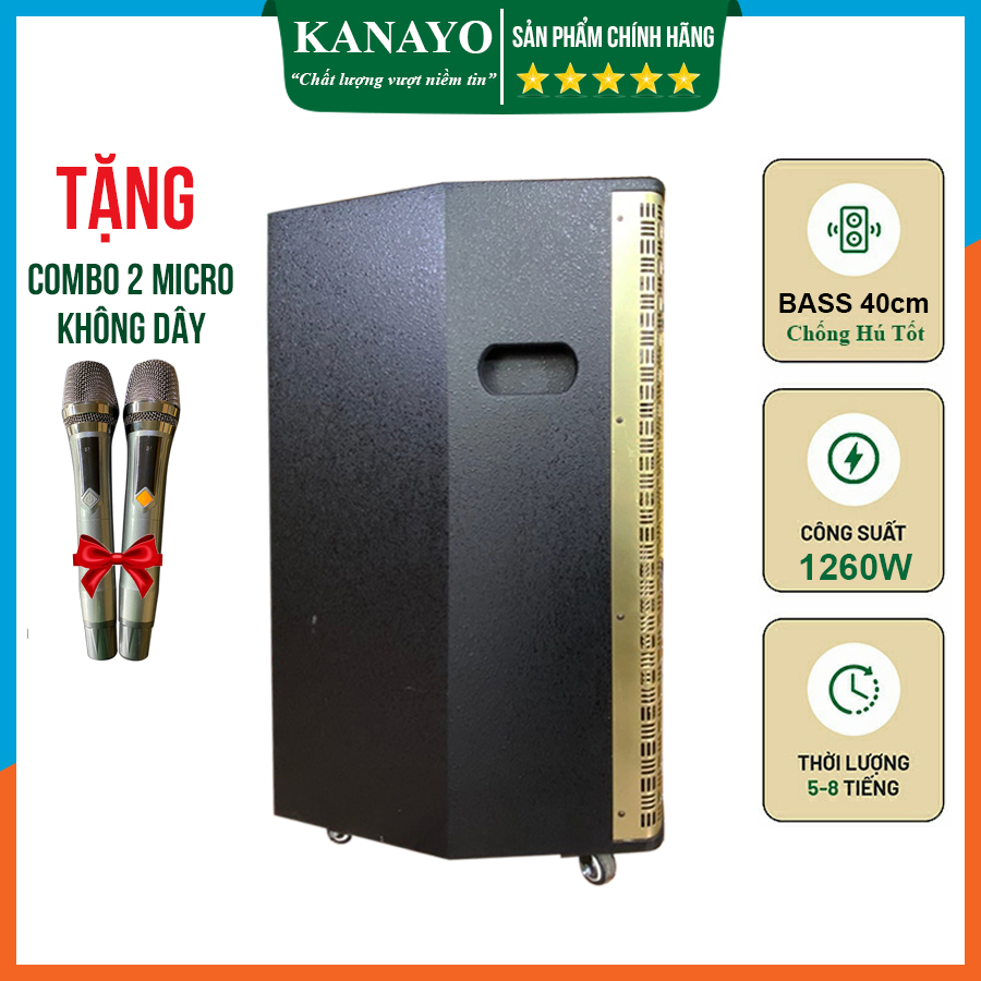 Loa Kéo Karaoke KANAYO K-TP516 Giá Rẻ Công Suất Lớn 1260watt | Loa Kẹo Kéo 4 Tấc | Hàng Chính Hãng | Tặng kèm 2 micro hát karaoke | Bluetooth 5.0