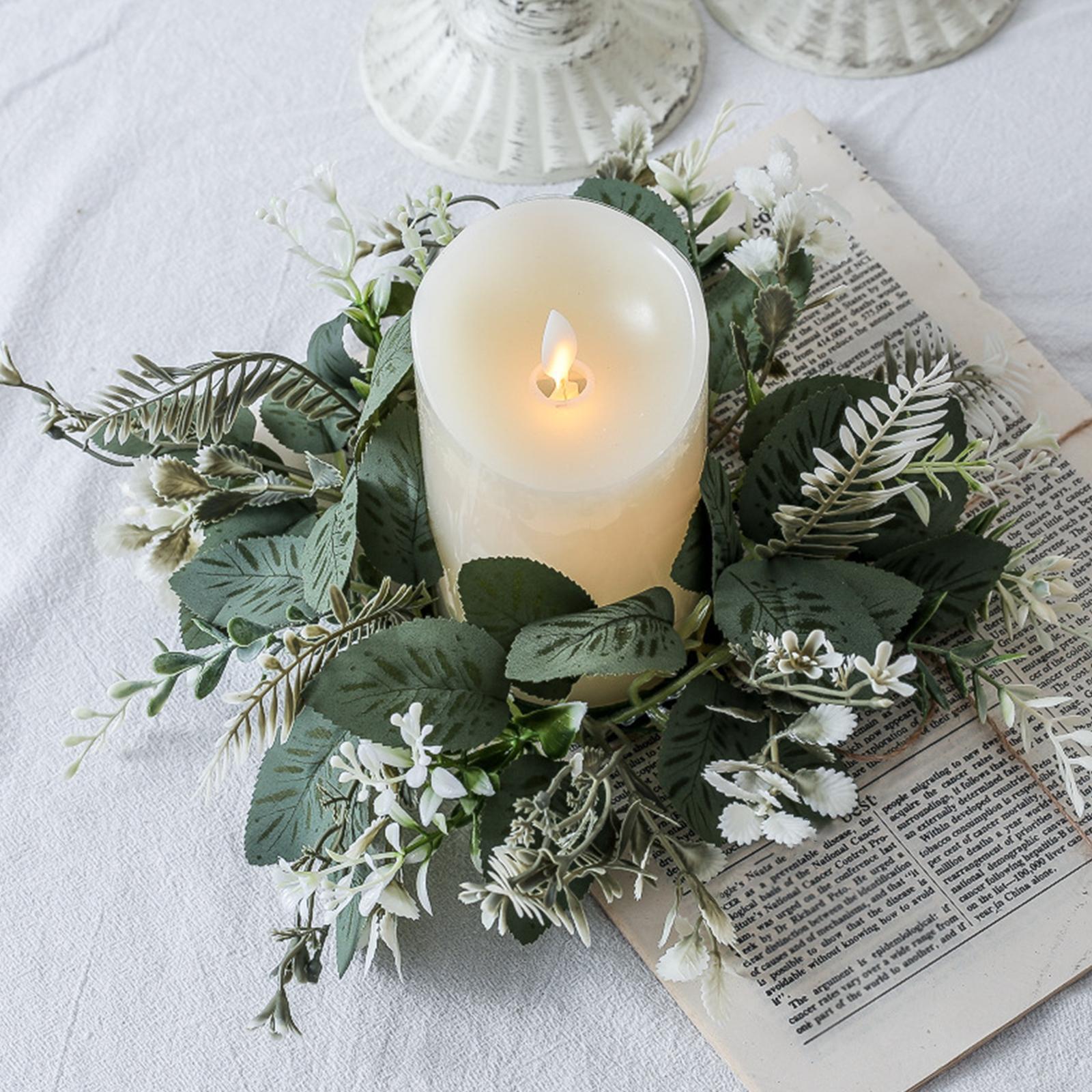 Greenery Candle Wreath Pillar Candle Rings Wreath Pillar Candle Holder Candle Garland for Bar Dining Table Party Living Room Decoration
