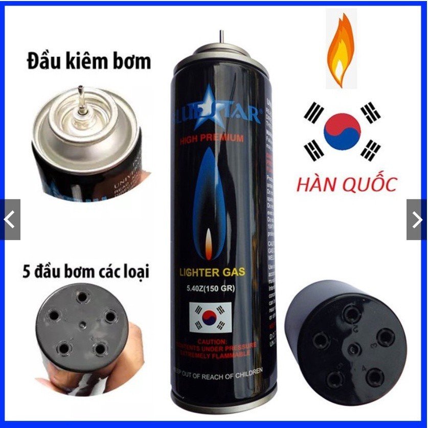 Bình Gas bật lửa Hàn Quốc Blue Star đầu kim loại kèm 5 đầu chuyển đổi 150gr