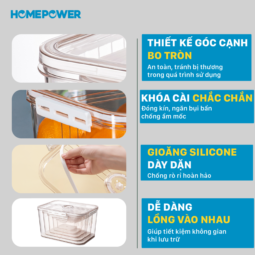 Hộp nhựa đựng thực phẩm Homepower trong suốt có khay lót đáy giúp ráo nước, chất liệu cao cấp, an toàn cho sức khỏe 