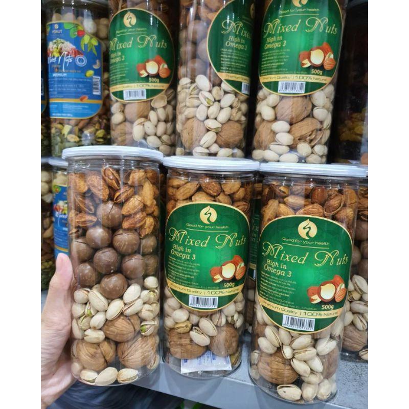 Mixed Nuts 4 Loại Hạt Dinh Dưỡng Macca, Óc Chó, Hạnh Nhân, Hat Dẻ Cười chưa tách vỏ (hũ 500gr)