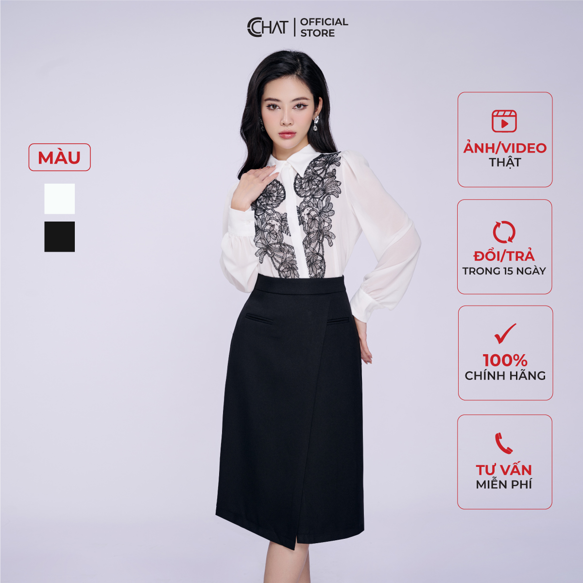 Áo Sơ Mi Nữ CCHAT Cổ Đức Đè Dây Ren Thân Trước Chất Liệu Voan Bay Bổng 22SDV8003ST
