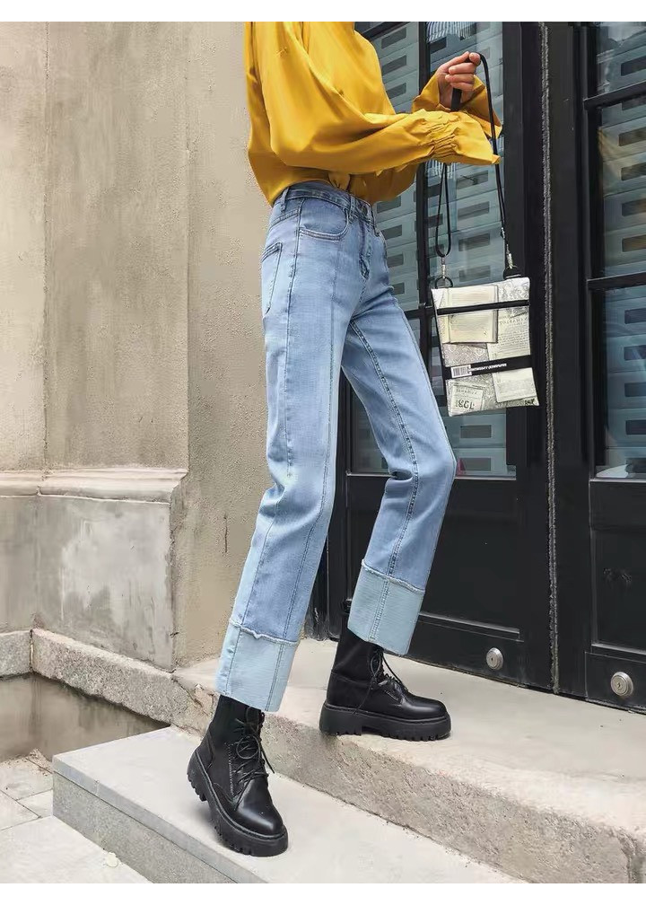 Quần jean nữ BIGSIZE ống suông rộng 9 tấc, lưng cao, co dãn mạnh, dành cho người béo 65kg~90kg 3507