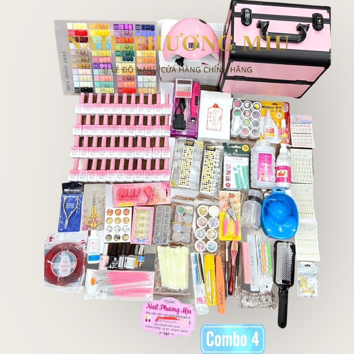 Combo Dụng Cụ Làm Móng Đầy Đủ Số 4, Bộ Phụ Kiện Làm Nail Chuyên Nghiệp Sơn Very Good Nail 44 Màu, Máy Hơ Sun 5, Cốp Nhôm Nữ