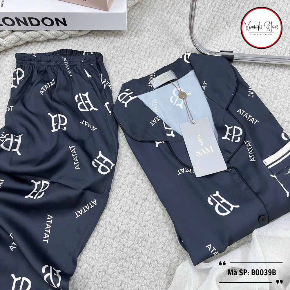 Bộ pijama nữ áo cộc quần ngố họa tiết chữ chất lụa cao cấp Xumaki Store BO039B