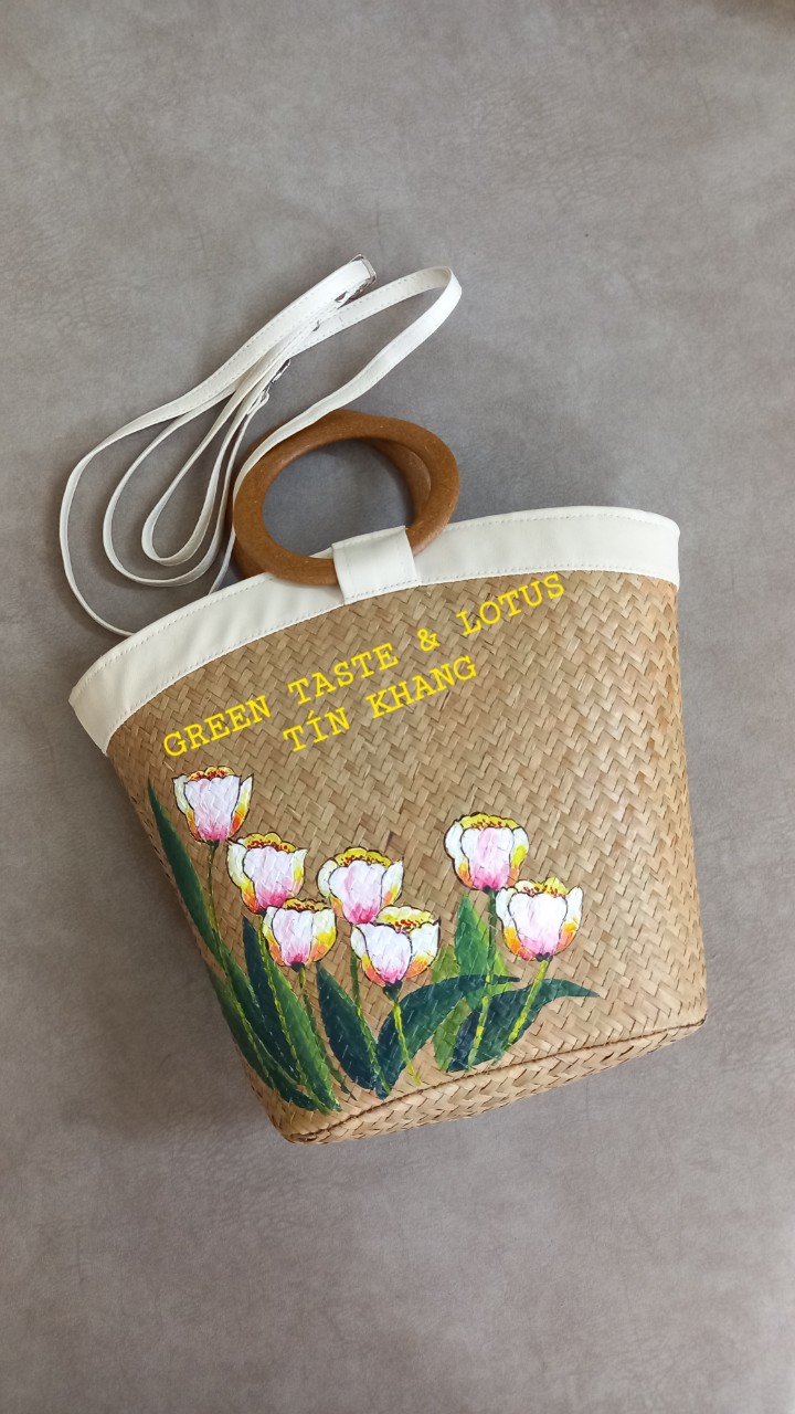 Túi Cói, Túi Xách Cỏ Bàng Quai Gỗ Vẽ Hoa Tulip Đẹp Tinh Tế, Phối Quai Đeo Sang Trọng-TXCBQGVHQDTLTK03-1