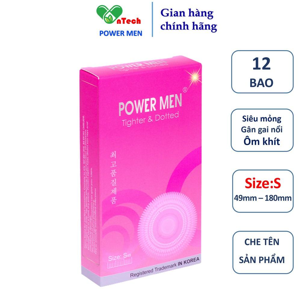 Bao cao su POWER MEN TIGHTER & DOTTED dáng ôm khít 3D chống tuột thân có gân gai nổi tăng khoái cảm size nhỏ 49mm