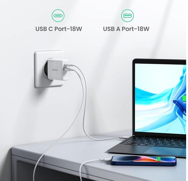 Củ Sạc nhanh 2 cổng USB A và USB Type-C 36W Ugreen 60468 màu trắng - Hàng chính hãng