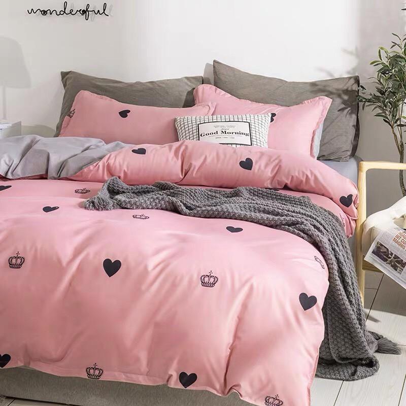 Bộ chăn ga Cotton Poly tim vương miện - mẫu mới phong cách Hàn Quốc